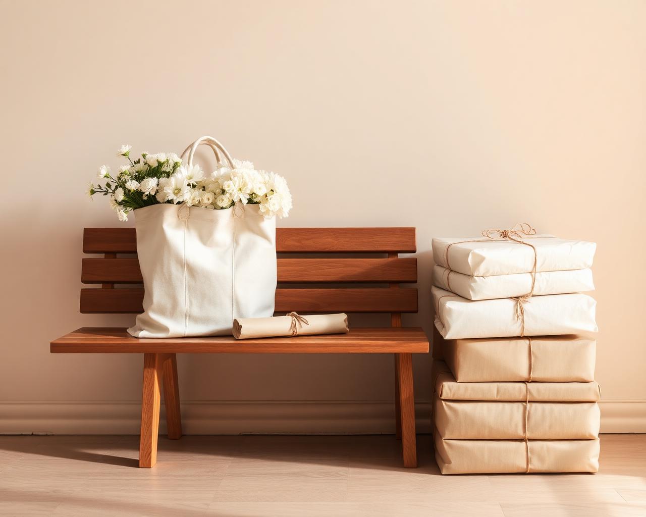 An elegant market tote with fresh provisions and flowers